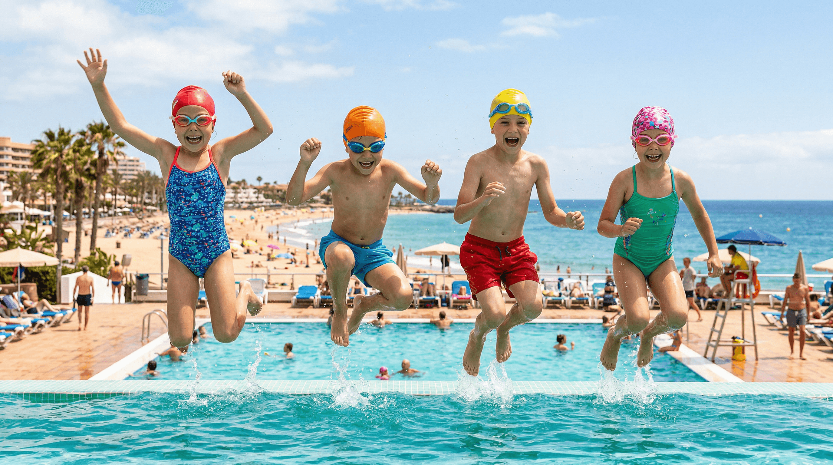 Enfants sautant dans la piscine du Belambra Les Tuquets à Seignosse